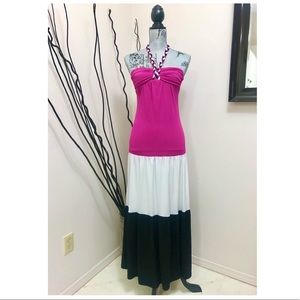 Halter Strap/Tie Tri-color Maxi Dress